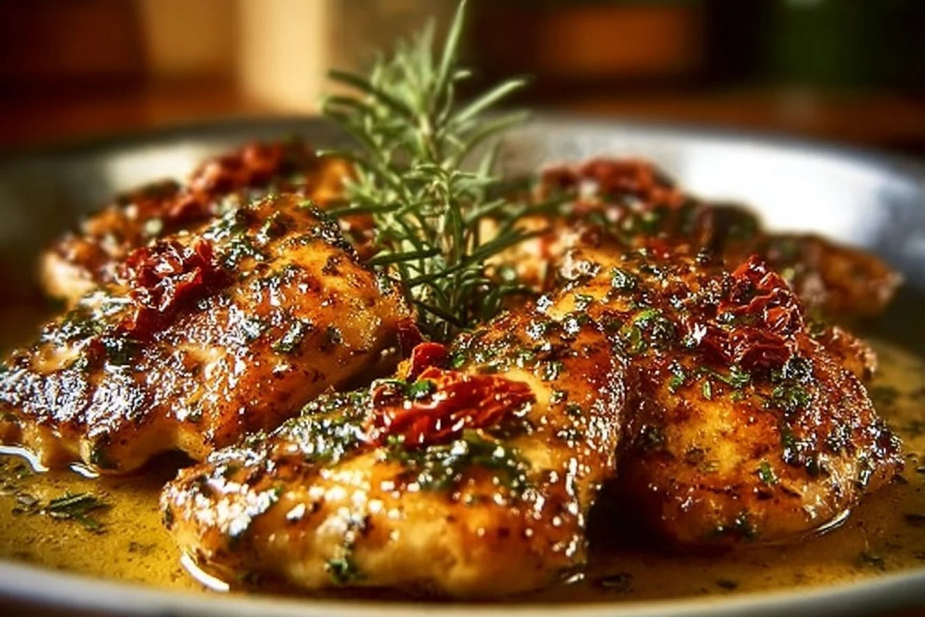Plate of Marry Me Chicken garnished with herbs, perfect for romantic dinners.