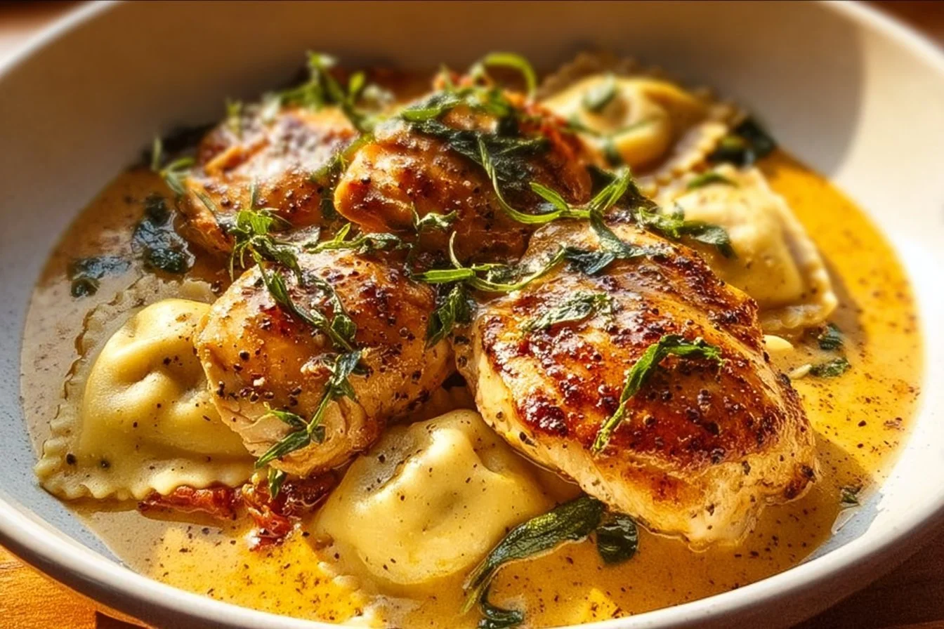 Delicious Marry Me Chicken served with ravioli, perfect for a romantic meal.