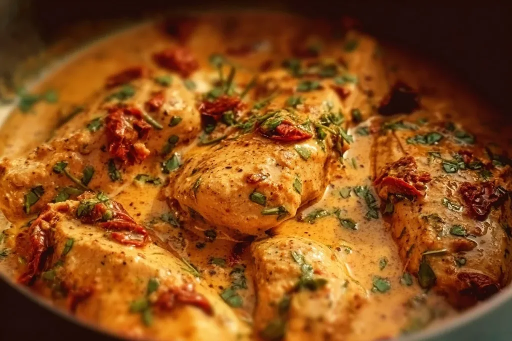 Plate of Marry Me Chicken in sun-dried tomato cream sauce with fresh herbs