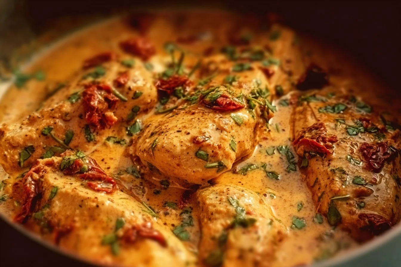 Plate of Marry Me Chicken in sun-dried tomato cream sauce with fresh herbs