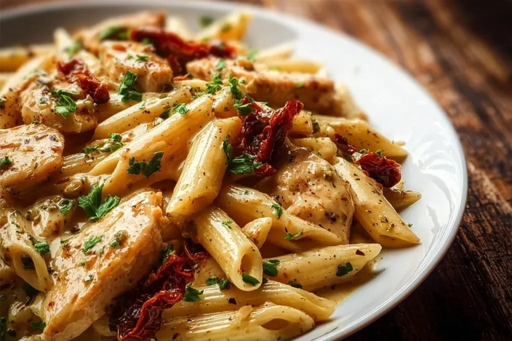 Delicious Marry Me Chicken Pasta topped with herbs and cheese.