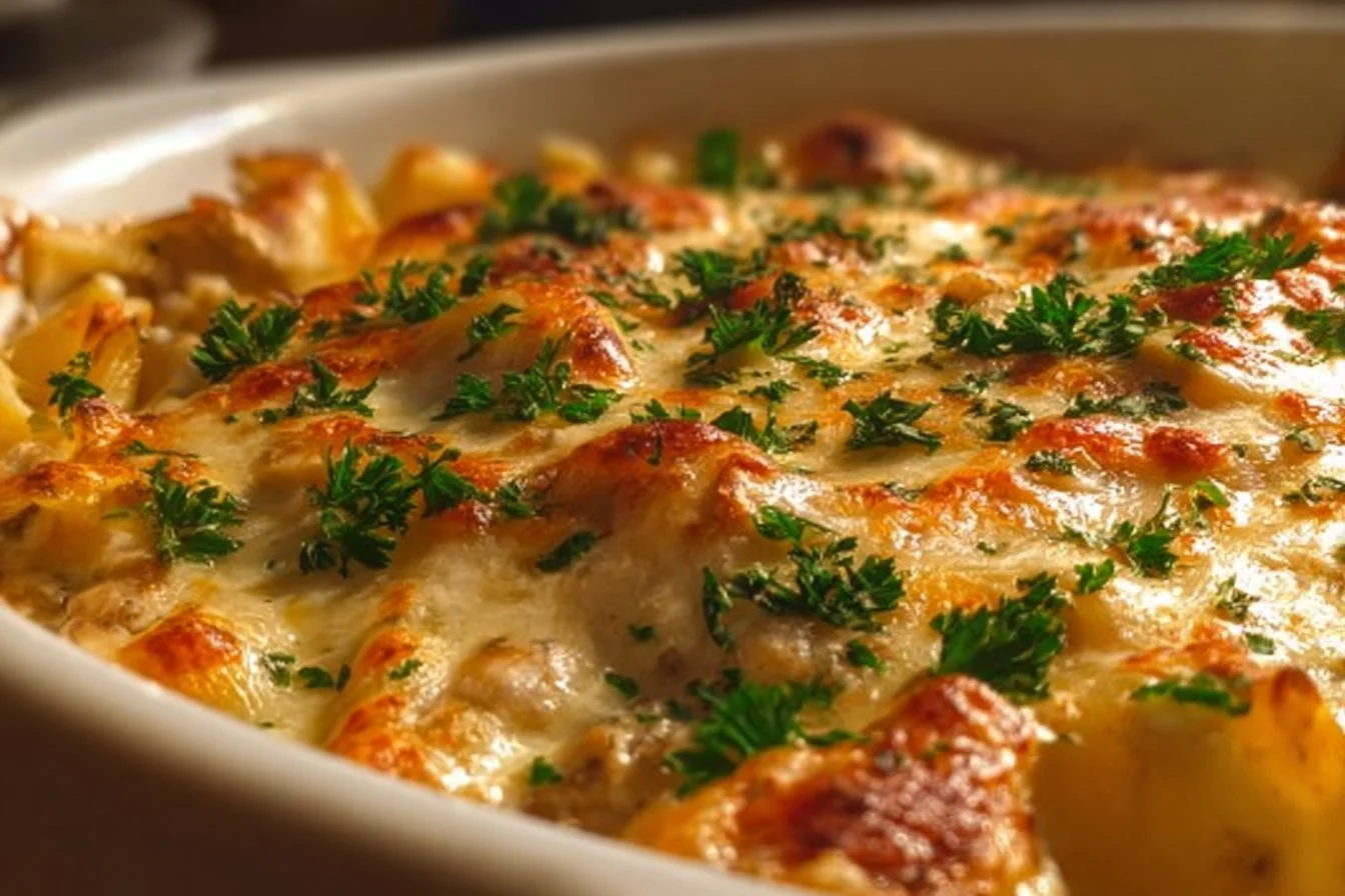 Delicious Marry Me Chicken Pasta Bake ready to serve in a casserole dish.