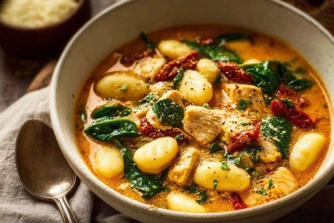 A bowl of Marry Me Chicken Soup garnished with herbs and spices.