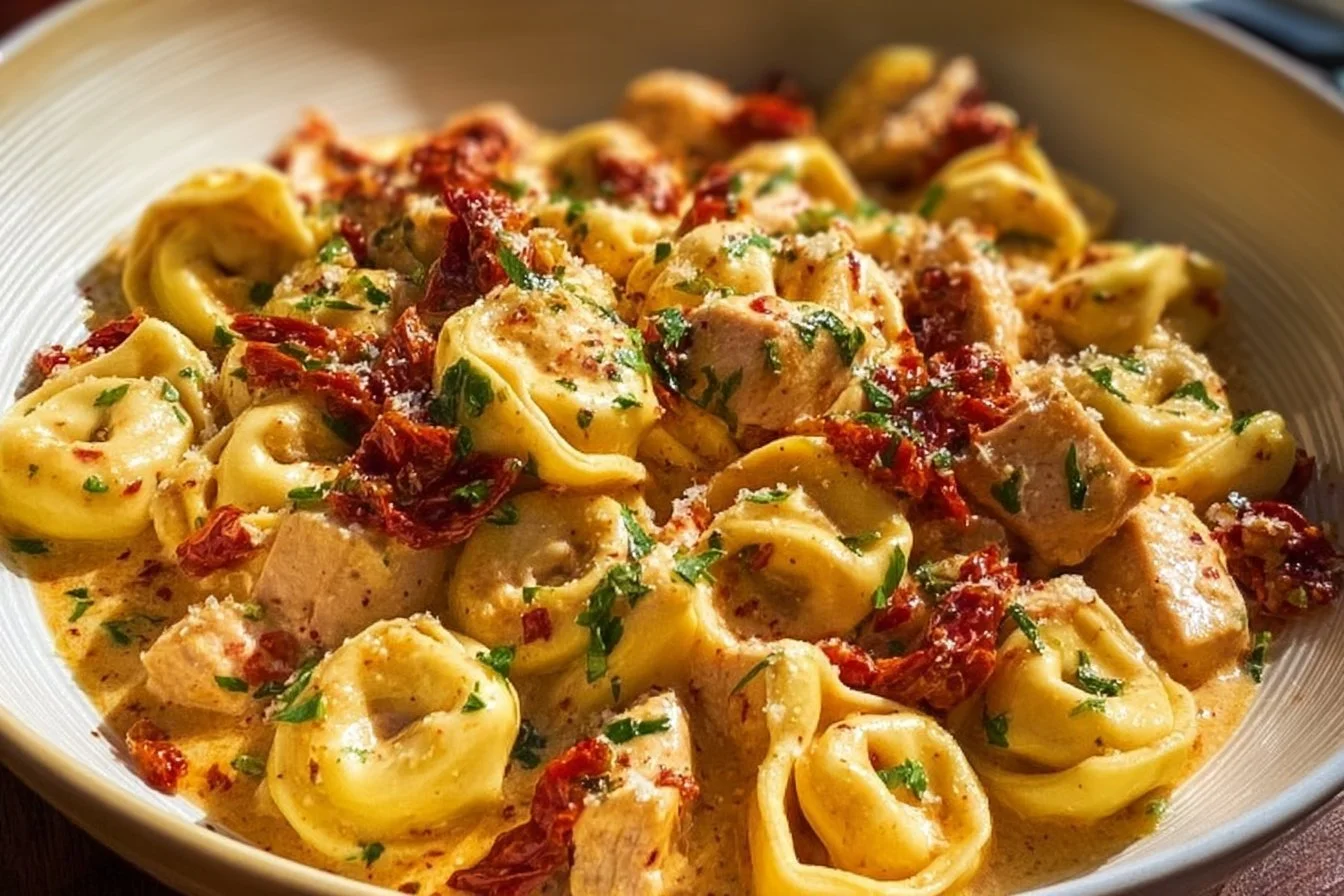 Plate of Marry Me Chicken Tortellini garnished with herbs