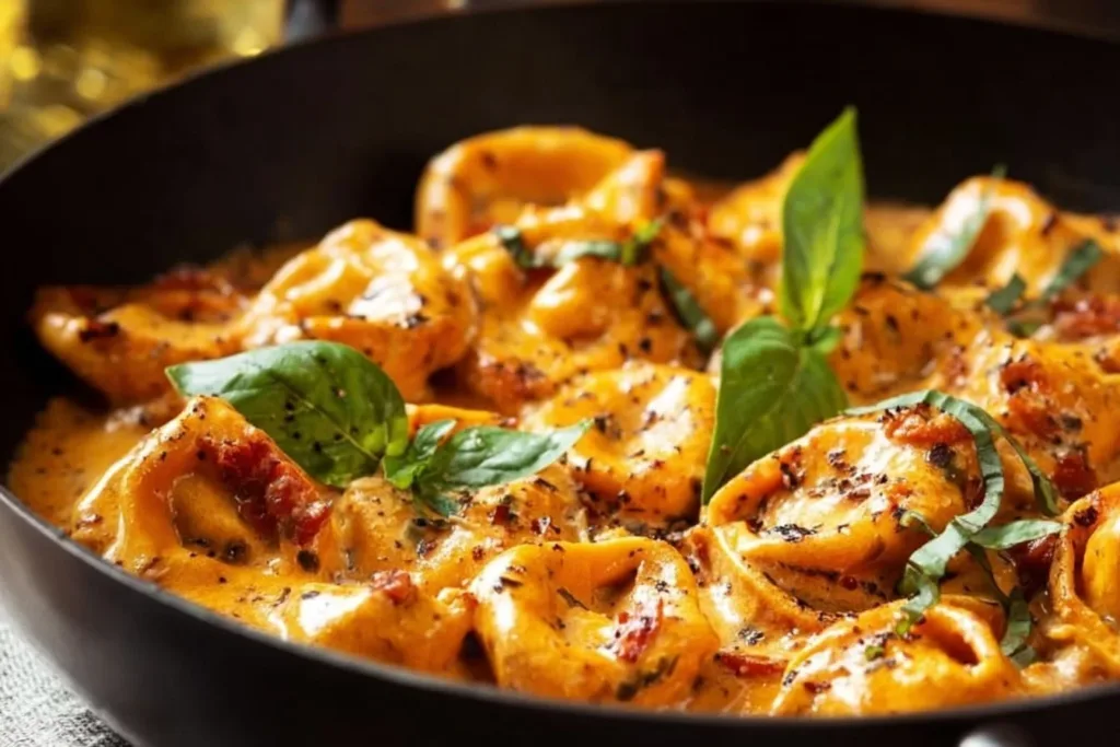 Delicious plate of Marry Me Chicken Tortellini with creamy sauce and garnishes