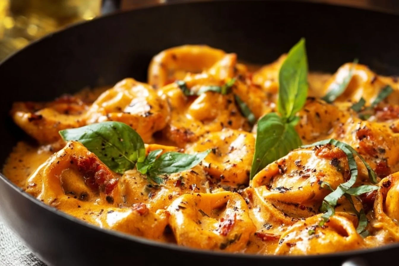 Delicious plate of Marry Me Chicken Tortellini with creamy sauce and garnishes
