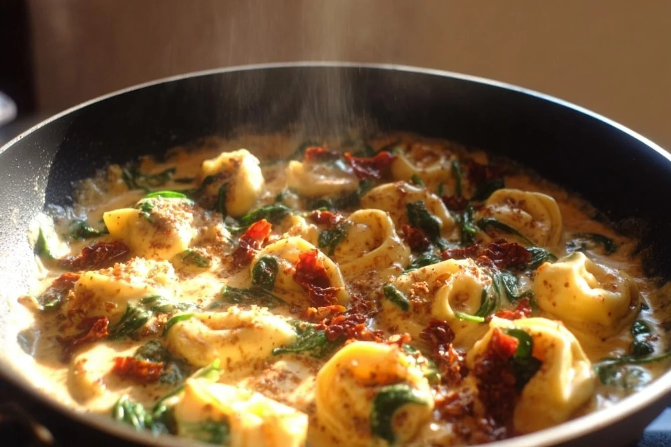 Marry Me Chicken Tortellini Skillet dish garnished with herbs