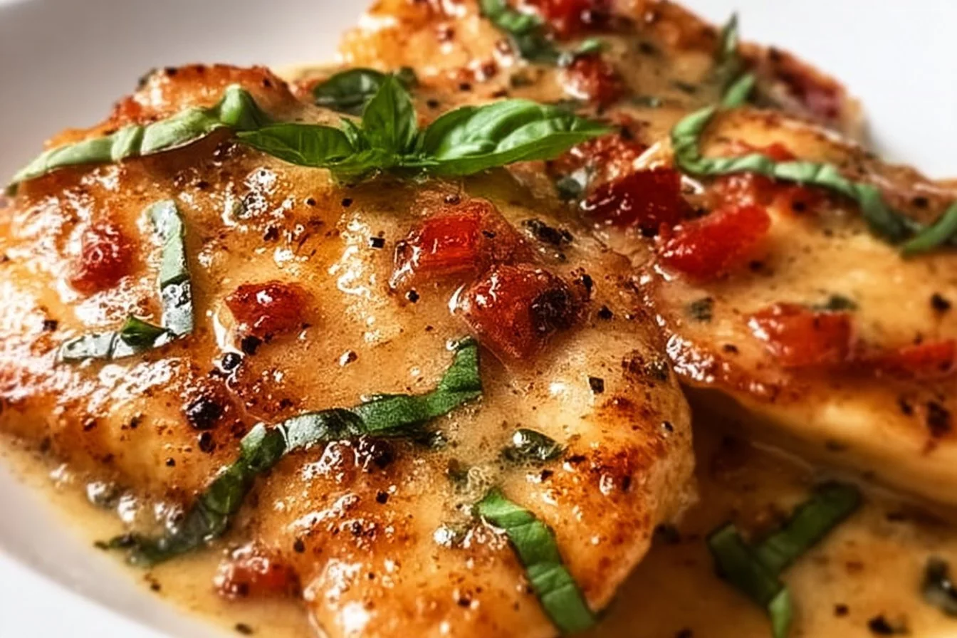 Marry Me Chicken served with ravioli on a plate, garnished with herbs