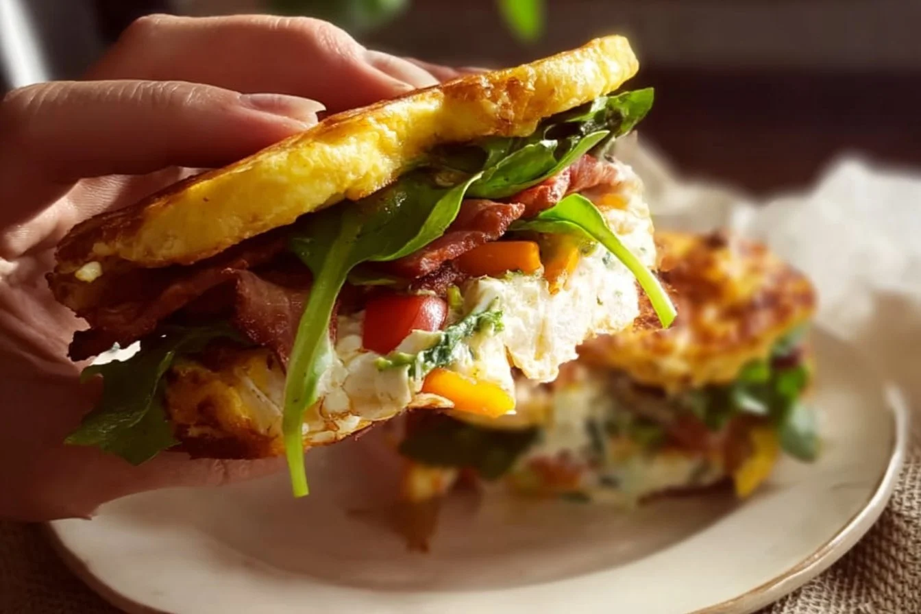 Delicious no-carb breakfast sandwich with eggs and avocado on a plate