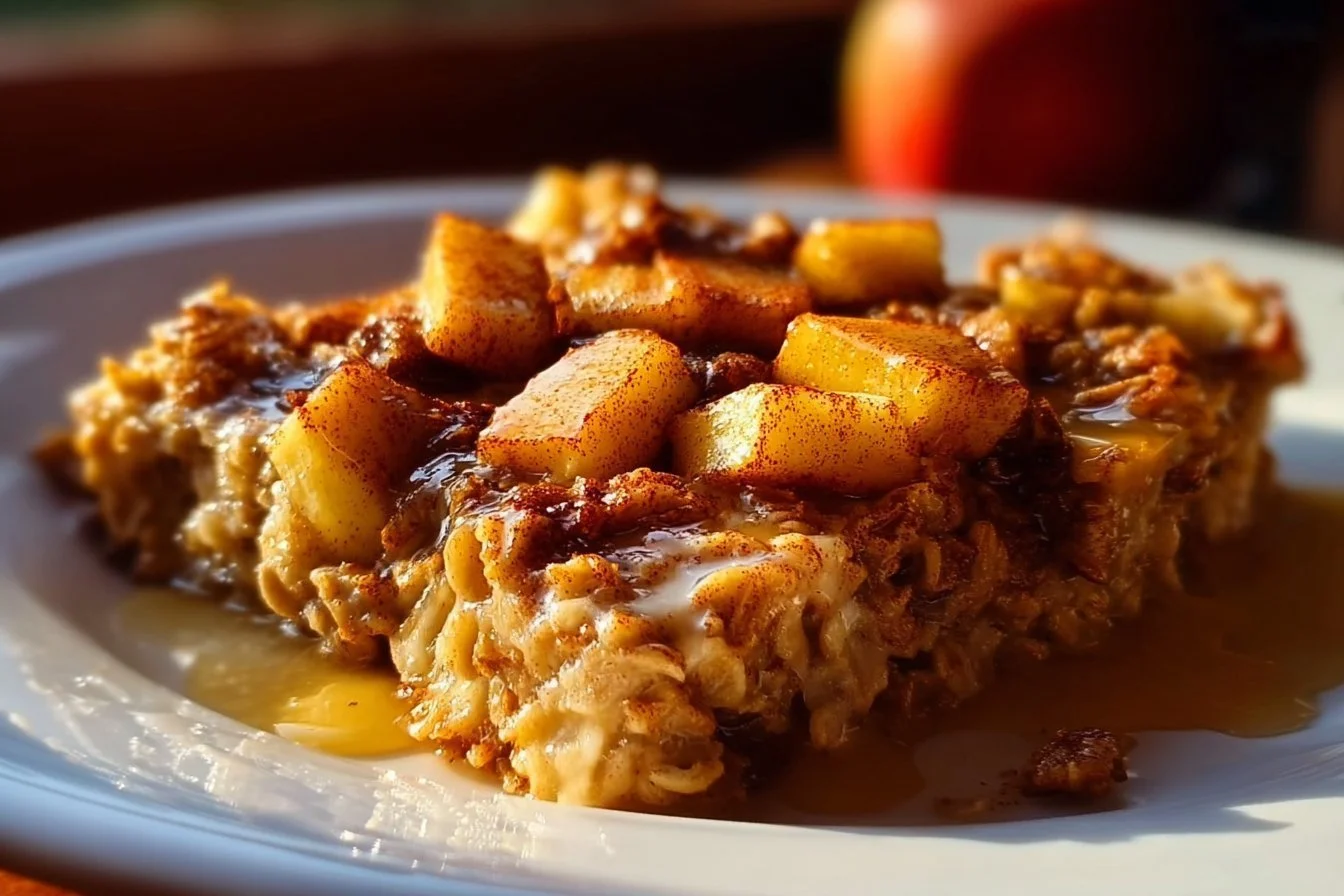 Delicious oatmeal apple breakfast bake served warm in a bowl with fresh apples