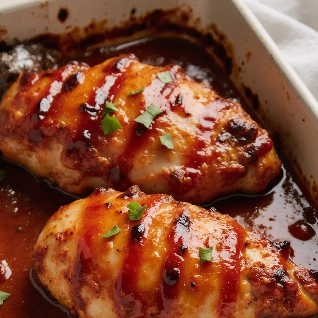 Oven-baked BBQ chicken breasts topped with homemade sauce on a plate.