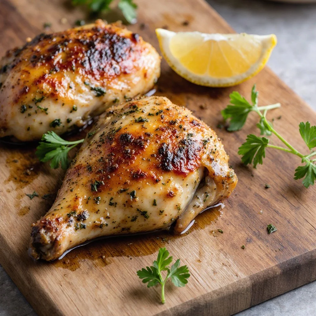Oven-baked chicken breast garnished with herbs and spices