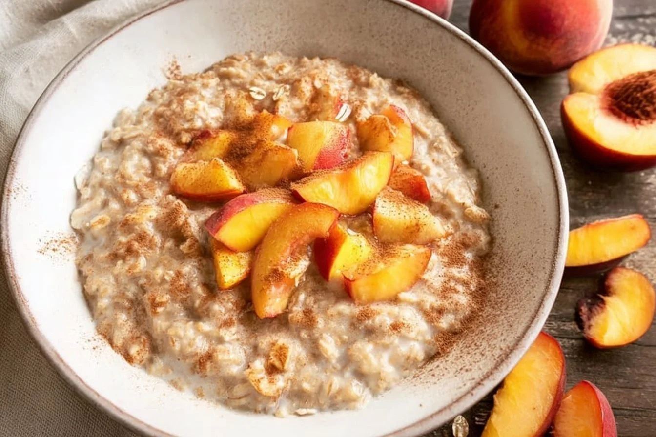 Peaches & Cream Oatmeal Peaches & Cream Oatmeal Bowl of creamy peaches and cream oatmeal topped with fresh peach slices