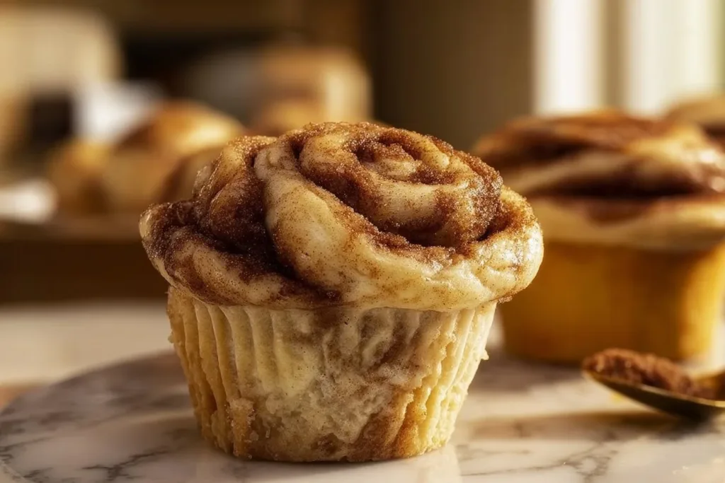 Protein-packed cinnamon roll muffins topped with icing on a dessert plate