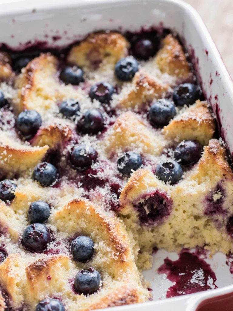 Delicious quick blueberry french toast casserole topped with fresh blueberries.