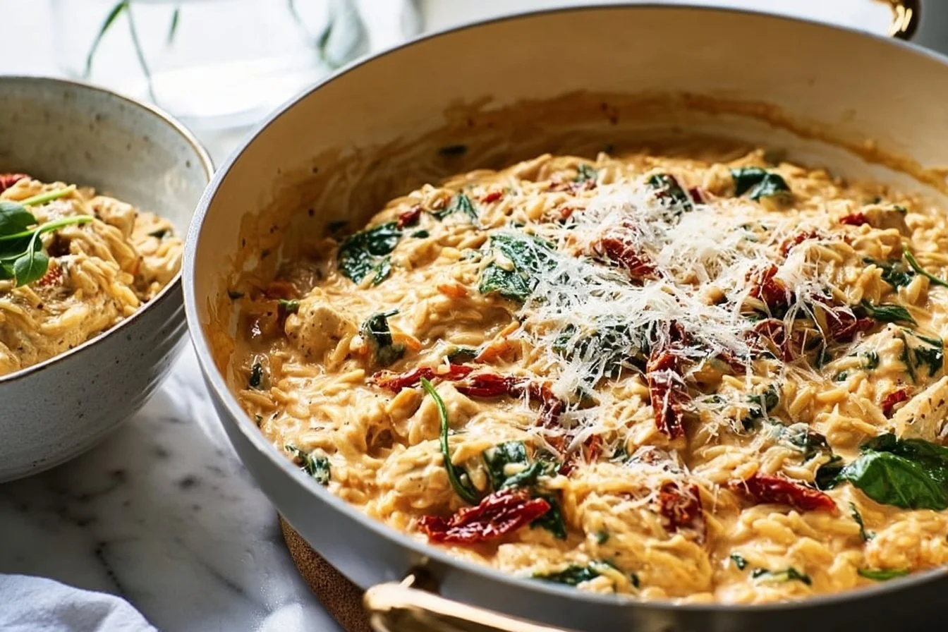 Quick Marry Me Chicken Orzo dish served in a bowl with fresh herbs.