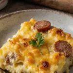 Delicious Sausage and Egg Casserole with herbs and cheese baked to perfection