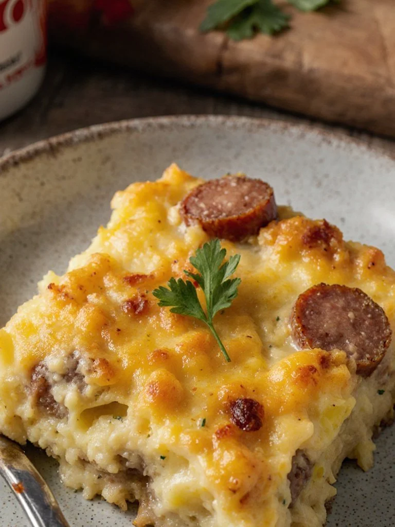 Delicious Sausage and Egg Casserole with herbs and cheese baked to perfection