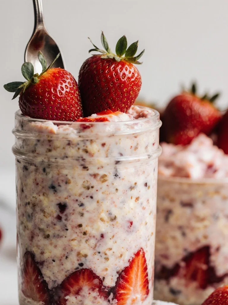 Strawberry cheesecake overnight oats in a bowl topped with fresh strawberries.