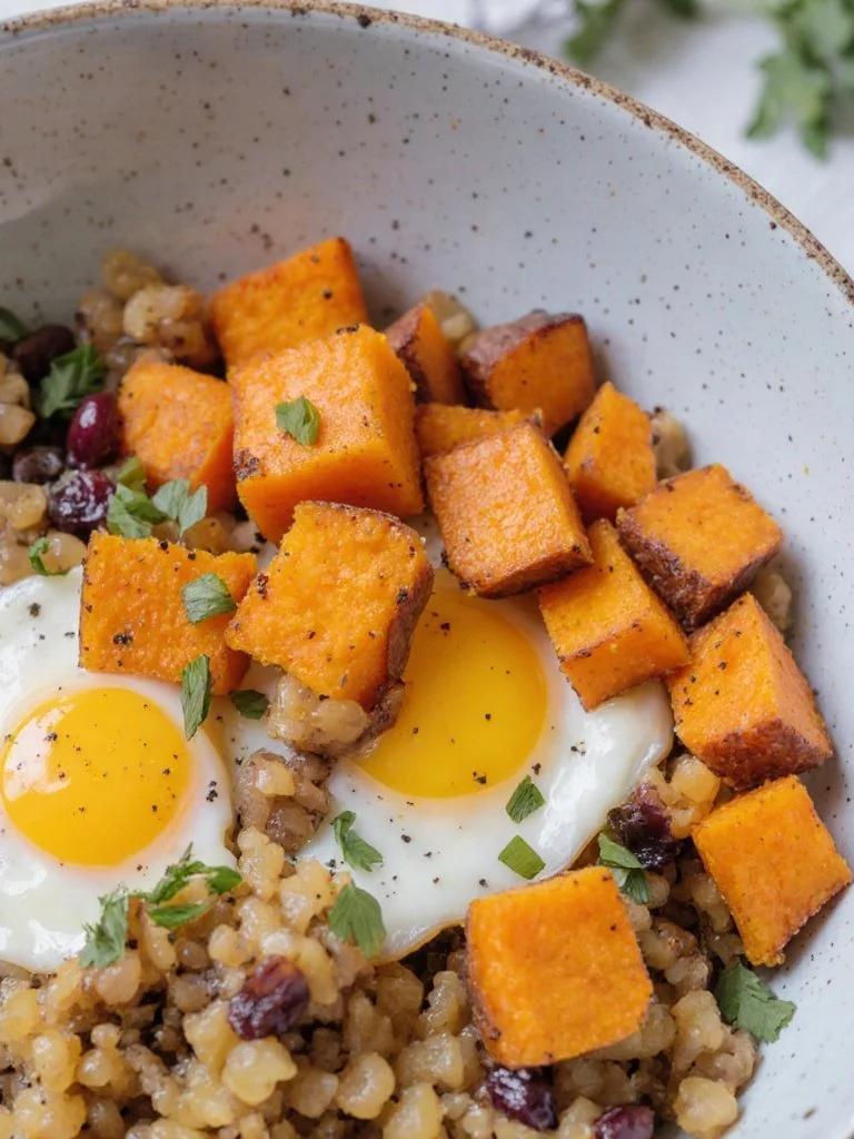 Sweet Potato Breakfast Bowl topped with nuts and fruits for a nutritious meal