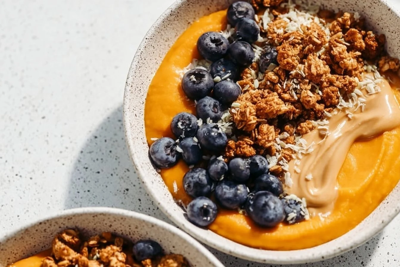 Colorful sweet potato breakfast bowls topped with nuts and fruits