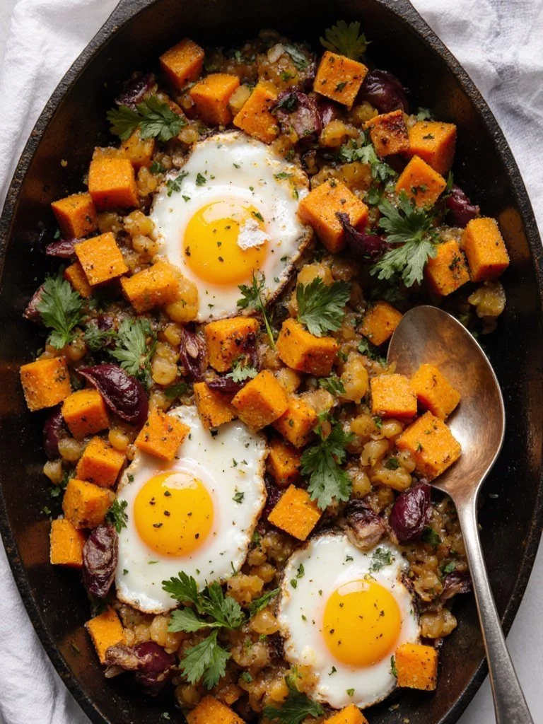 Sweet Potato Breakfast Hash sweet potato Delicious Sweet Potato Breakfast Hash served in a bowl, topped with fresh herbs.