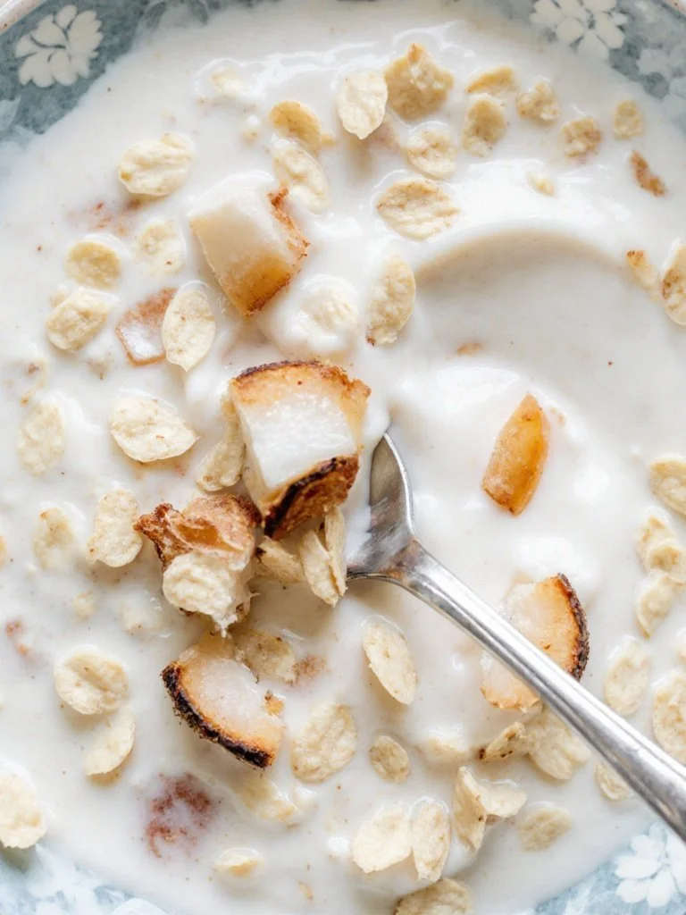 Bowl of creamy coconut cream oats topped with fresh fruits and nuts