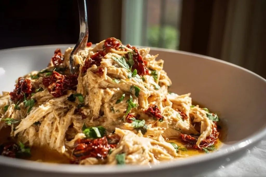 Creamy Crockpot Marry Me Chicken in a white bowl with herbs
