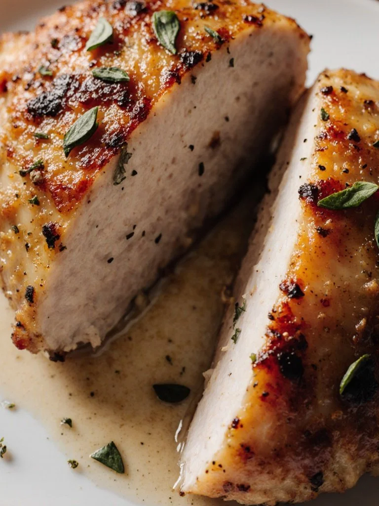 Delicious baked ranch chicken garnished with herbs on a plate.