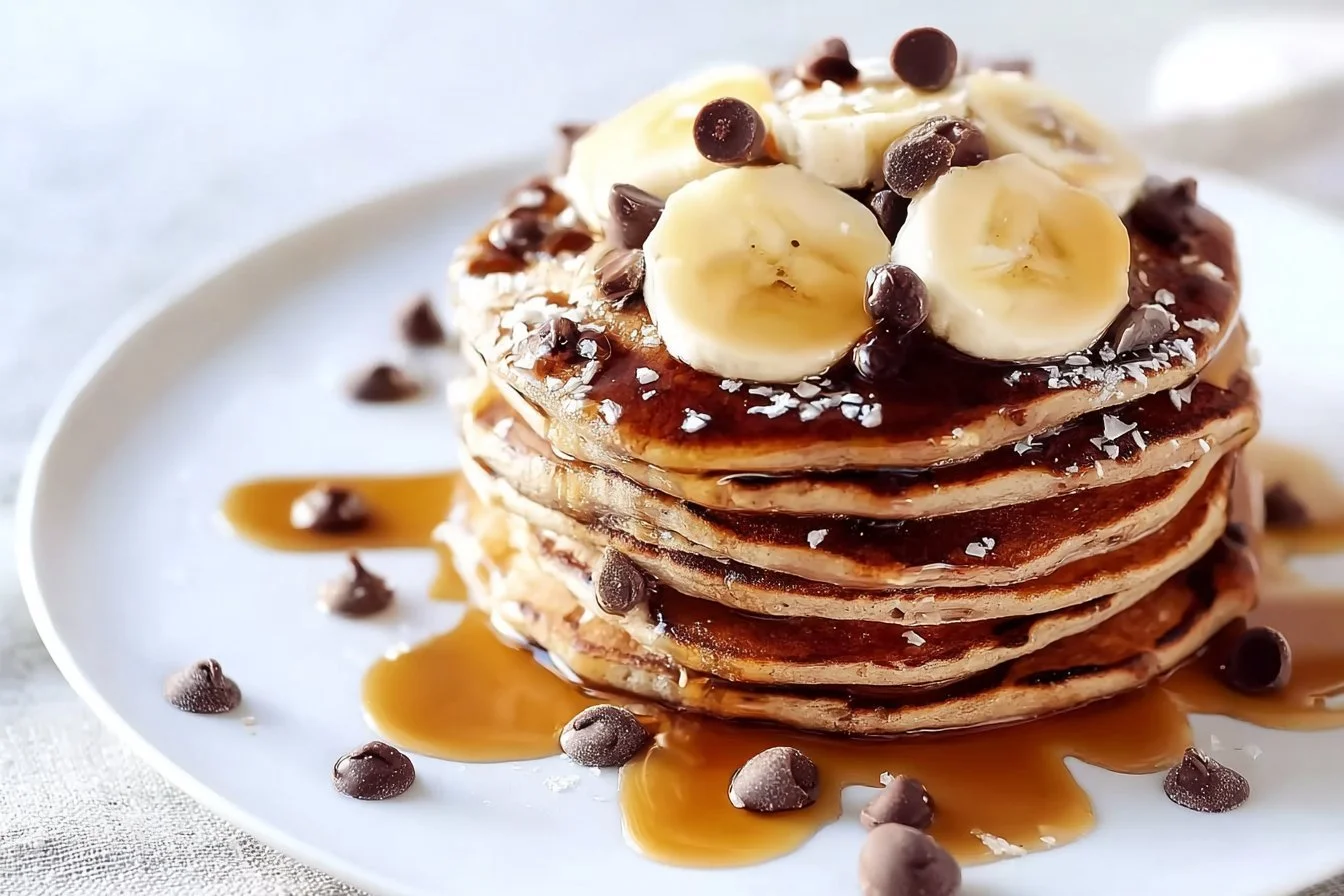 Whole wheat chocolate chip banana bread pancakes stacked on a plate