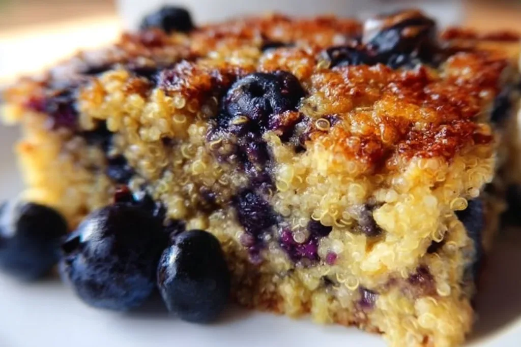 Wholesome blueberry quinoa breakfast bake served in a bowl