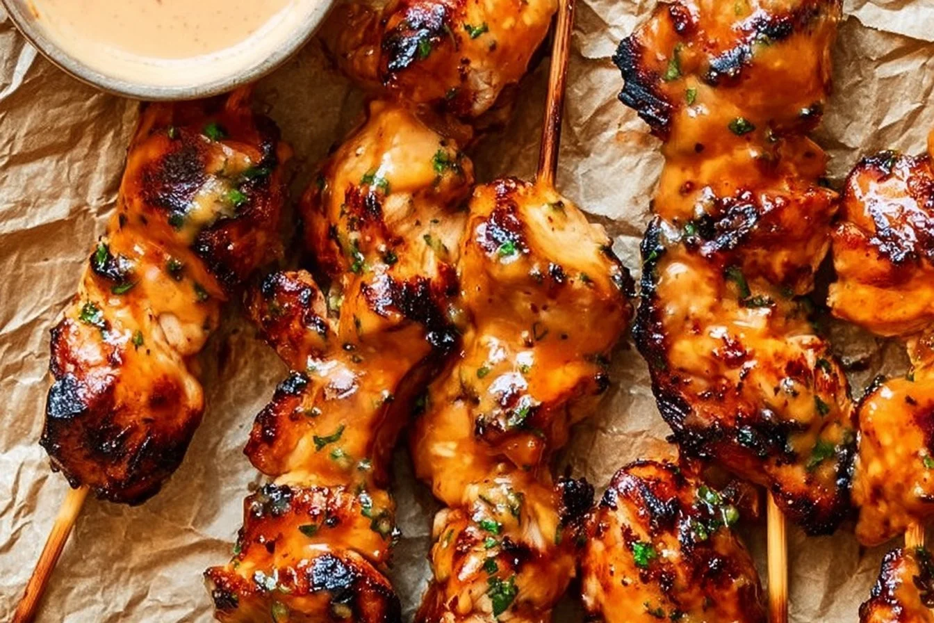 Delicious Bang Bang Chicken Skewers drizzled with spicy sauce on a platter