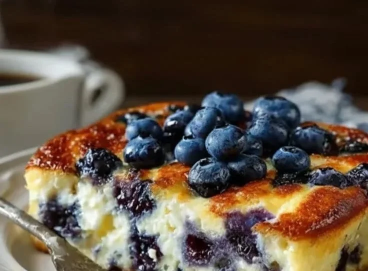 Blueberry Cottage Cheese Breakfast Bake fresh out of the oven.