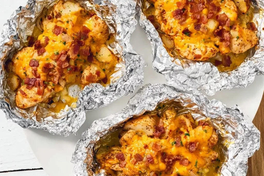 Delicious cheesy chicken foil packets ready for grilling.