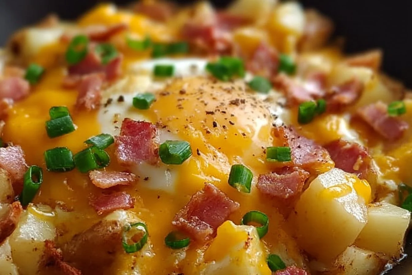Cheesy potato egg scramble served in a bowl with fresh herbs
