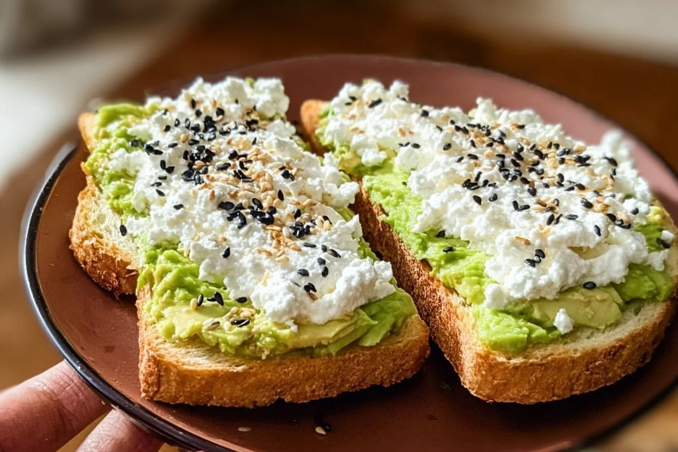 Cottage cheese avocado toast topped with fresh herbs and spices