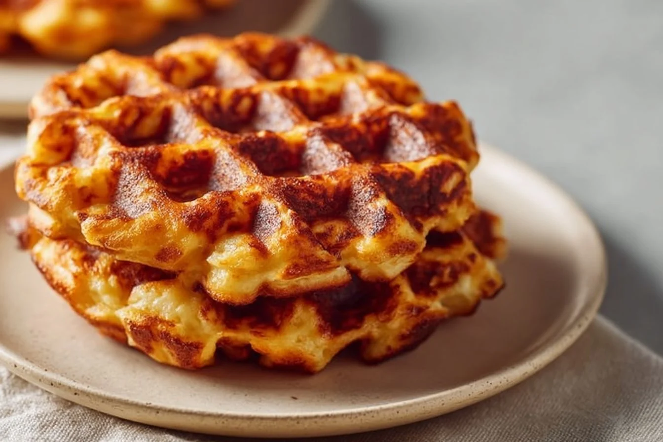 Delicious Cottage Cheese Chaffles stacked on a plate with toppings.