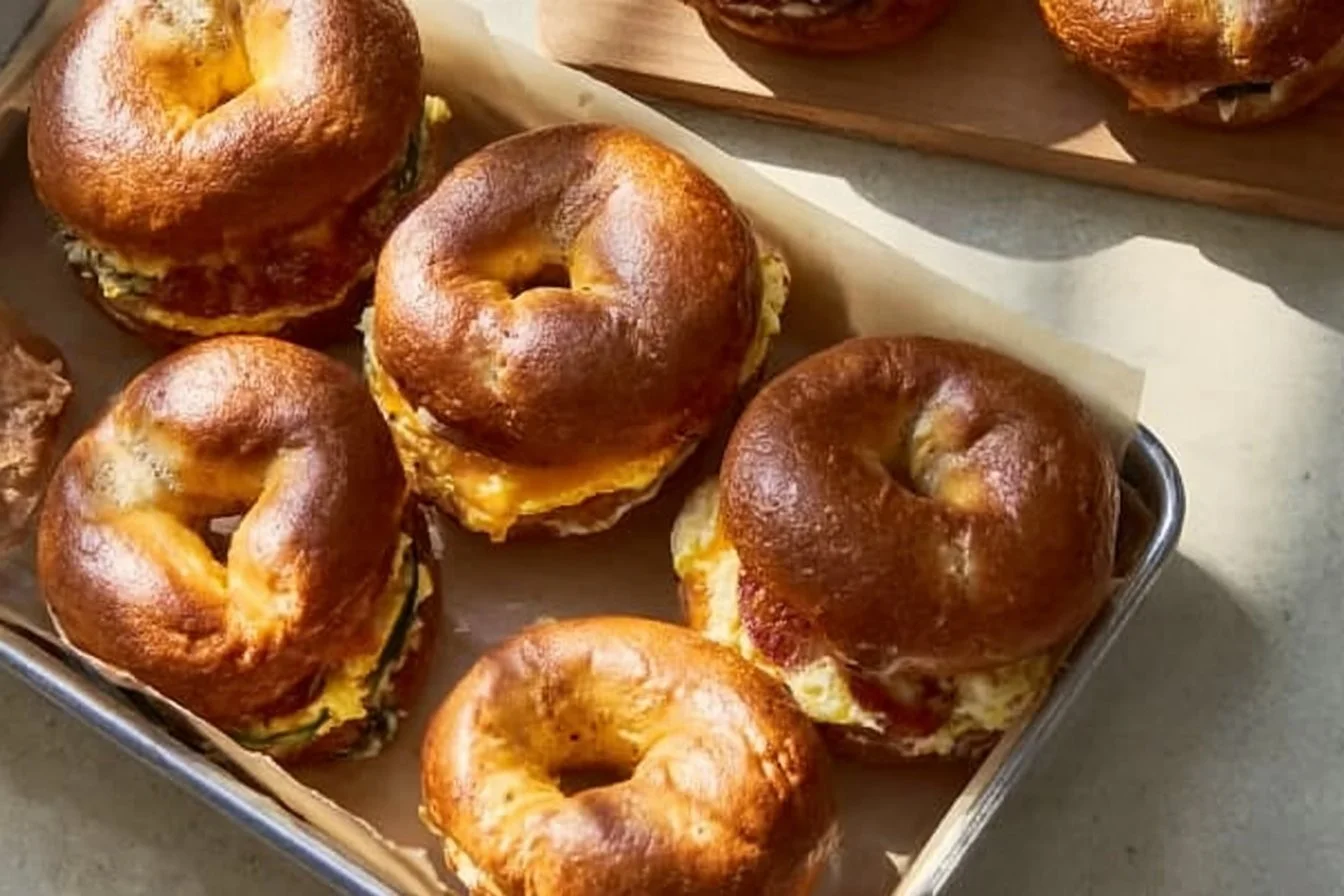 Cottage cheese frittata served with cheddar bagel sandwiches