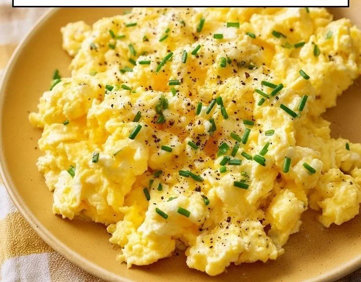 Creamy cottage cheese scrambled eggs served on a plate with herbs