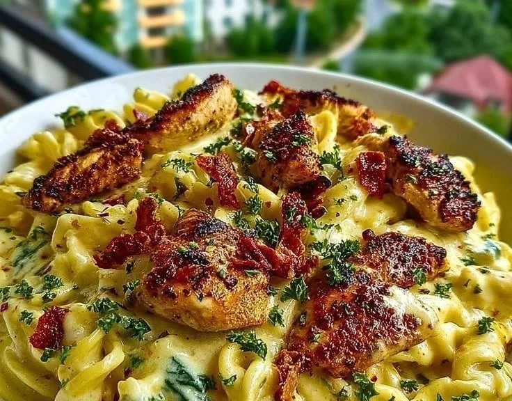 Delicious Creamy Marry Me Chicken Pasta garnished with herbs and served in a bowl.