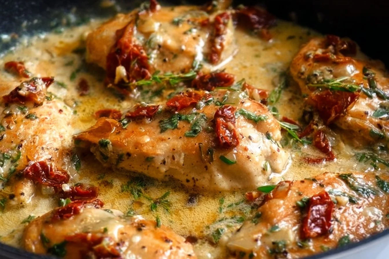 Delicious Easy Marry Me Chicken served on a plate with herbs and sauce