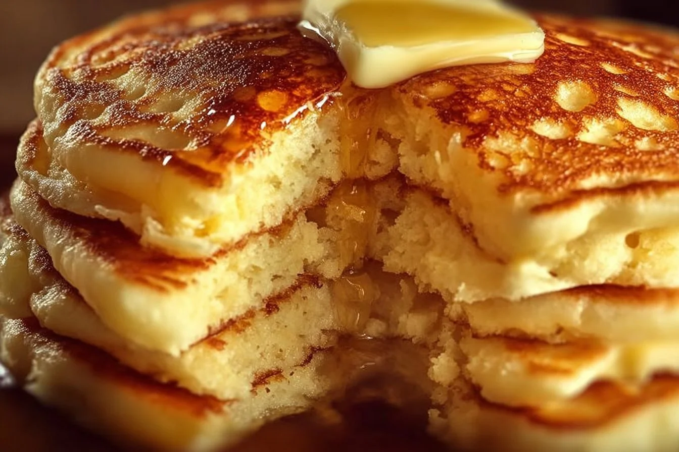 Flourless cottage cheese pancakes stacked on a plate with syrup and berries