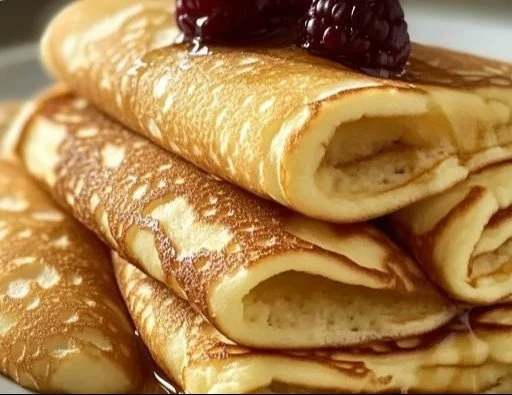 Flourless cottage cheese pancakes on a plate, topped with fruit
