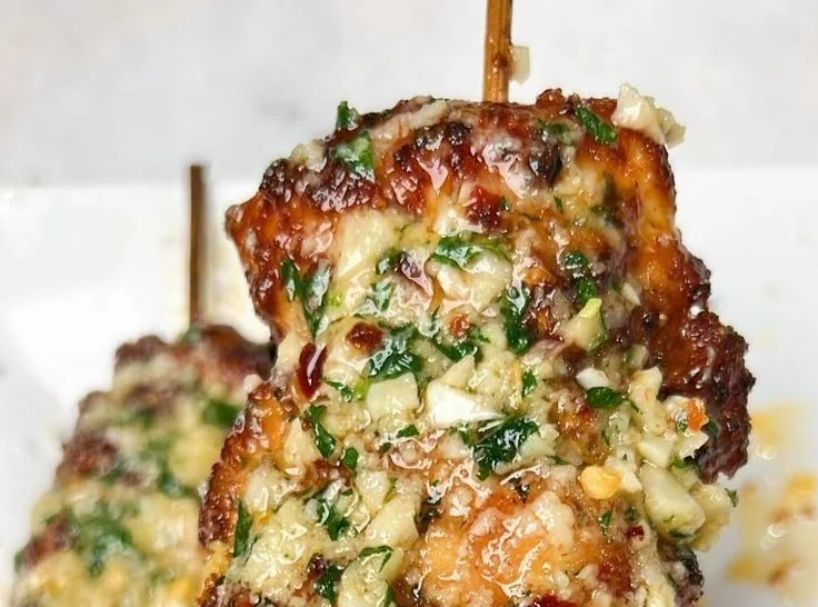 Garlic Parmesan Chicken Skewers ready to serve on a platter