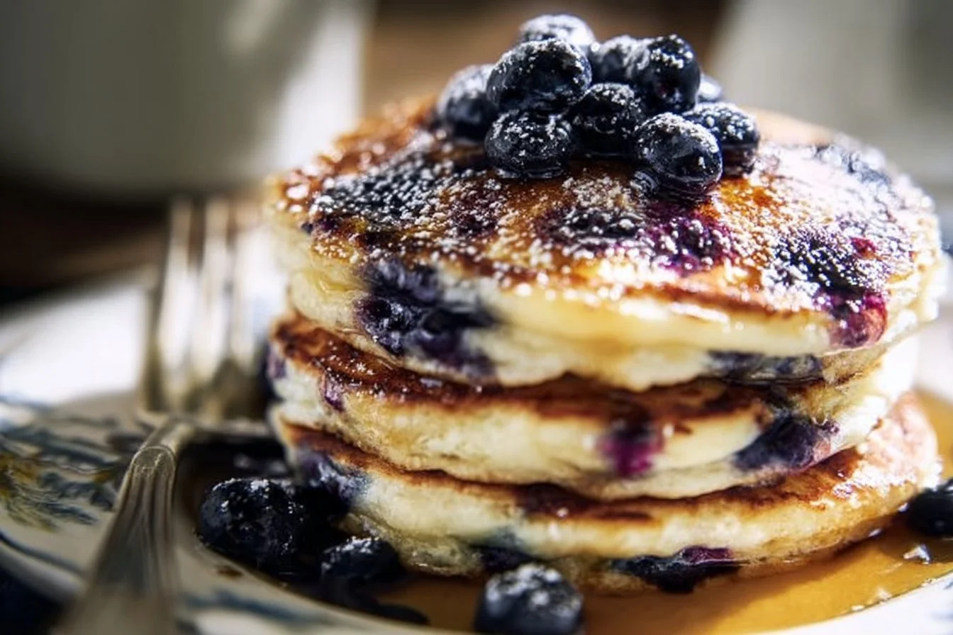 Fluffy Greek yogurt blueberry pancakes topped with fresh blueberries and syrup