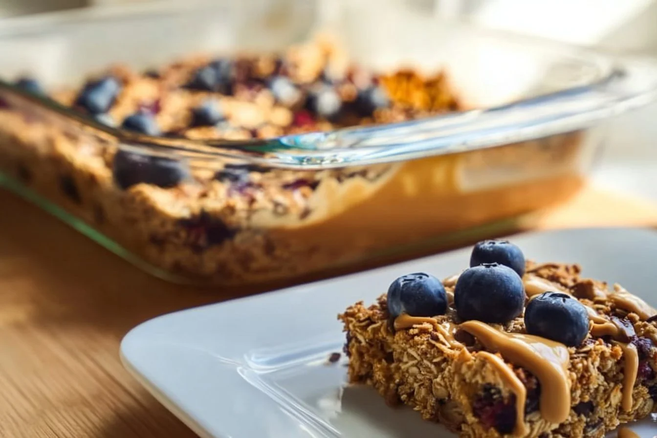 High protein baked oatmeal in a bowl with fresh fruits and nuts