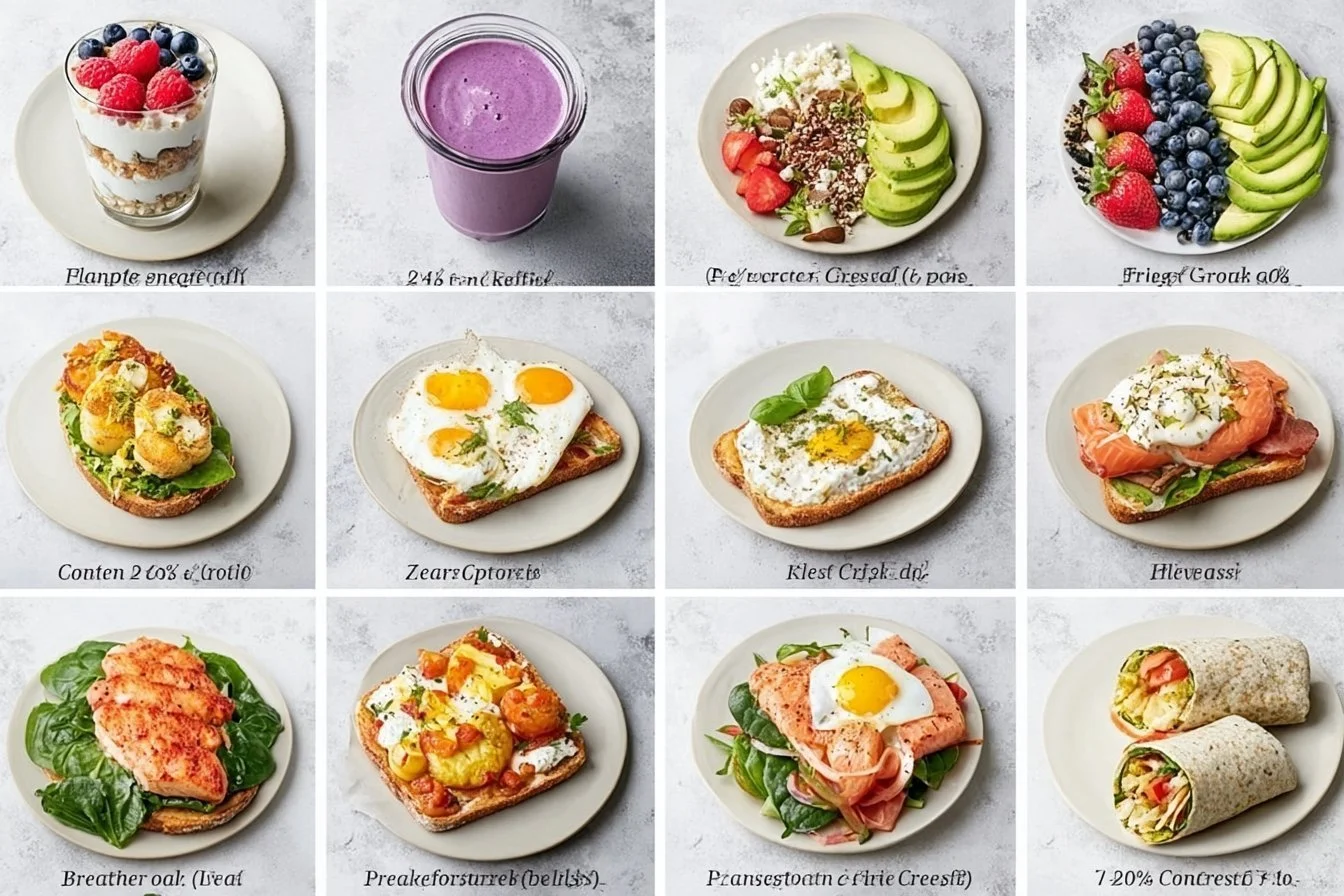 High-protein breakfast options featuring eggs, yogurt, and nuts.