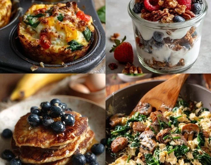 Plate of high-protein breakfast options including eggs, yogurt, and nuts.