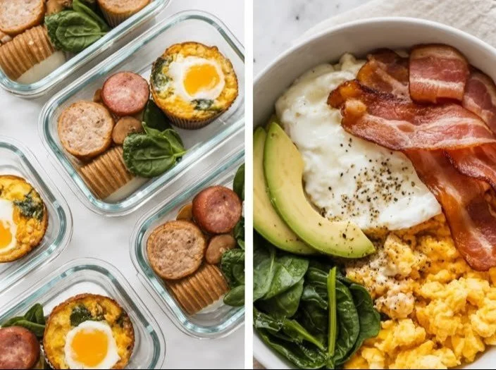 Various high-protein breakfast ideas including eggs, Greek yogurt, and smoothies.