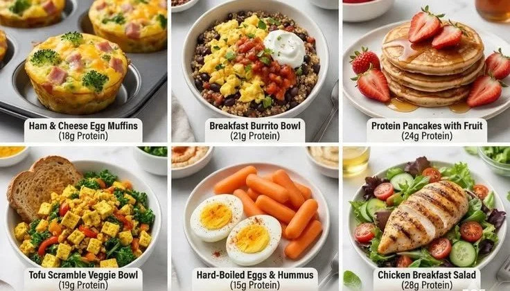 High-protein breakfast ideas featuring eggs, yogurt, and protein-packed smoothies.